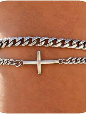 NEW 2 Pcs Silver Cross Bracelet Stainless Christian Cross Charm Bracelets Set
